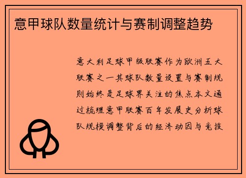意甲球队数量统计与赛制调整趋势