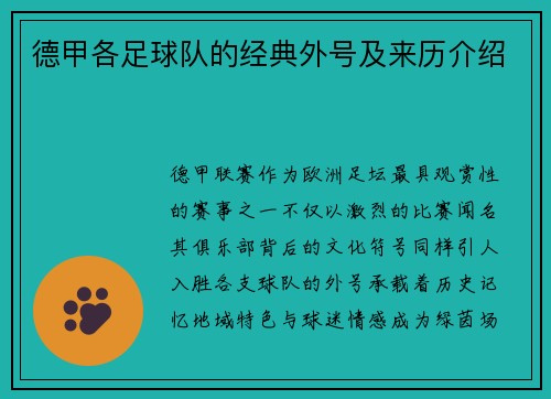 德甲各足球队的经典外号及来历介绍